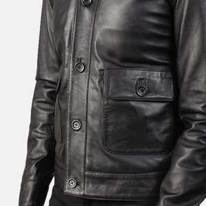 Esta es una chaqueta bomber de cuero negro Columbus para hombre, hecha de piel de oveja. - Product Image 6
