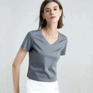 Camiseta de Verano para Mujer, Nueva, de Alta Gama, de Algodón Suave al Tacto, de Manga Corta, Cuello en V, Transpirable, de Secado Rápido, de Color Sólido, para Actividades al Aire Libre - Product Image 2