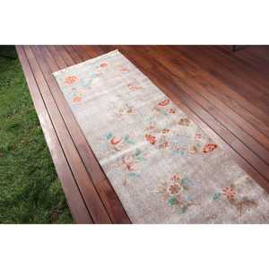 Turkish Vintage <b>Rug</b>, <b>Runner</b> 2.6x9 ft (78x273 cm) <b>Rug</b>, Gray Floral Wool <b>Rug</b> - Product Image 3