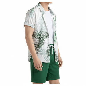 Conjunto Personalizado OEM con Estampado Tropical para Hombre - Camisa de Manga Corta y Pantalones Cortos con Estampado de Hojas de Palma Verdes, Conjunto de Verano de 2 Piezas - Product Image 6