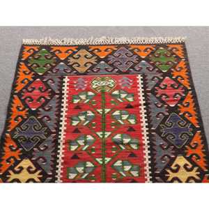 Tapis d'appoint vintage Kilim 3,4x4,7 pi (104x144 cm), tapis turc en laine rouge persan - Product Image 4