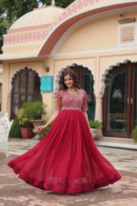 Beautiful Pink and <b>Green</b> Designer Faux Georgette Anarkali Long Gown With Embroidery <b>Lace</b> for Wedding and Parties for Adults - Product Image 4