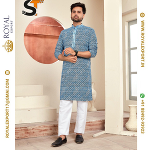 คอลเลกชันชุดนอน Kurta ของผู้ชายลายพิมพ์งานแบบดั้งเดิมของชิคานเปิดตัวโดยการส่งออกของราชวงศ์ใน Gujarat Surat - Product Image 2