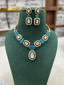 luxurious premium quality moissonite meena green stone mehendi polish color necklace set for wedding festive fashion <b>jewellery</b> - Product Image 2