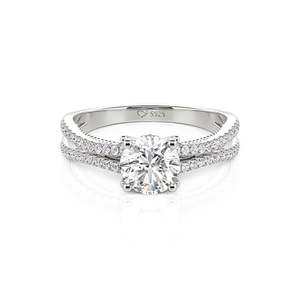 Jeulia Custom Moissanite Birthstone Promise <b>Ring</b> <b>Split</b> Shank Pav Rhodium Plated - Product Image 1