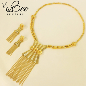 Parure de bijoux de mariage éthiopienne nigériane en or 24 carats, collier long en alliage de titane, boucles d'oreilles imposantes - Product Image 2