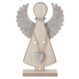 Décoration d'ange en bois faite à la main avec des ailes scintillantes et un pendentif en forme de cœur, ornement de table rustique pour Noël - Product Image 1
