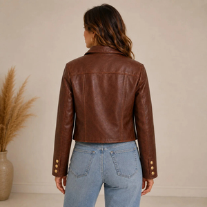 Premium <b>Women's</b> <b>Vintage</b> Brown Cow <b>Leather</b> Trucker <b>Jacket</b> Cropped Fit Gold Button Front Flap Chest Pocket Luxury Streetwear - Product Image 4