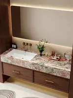 Meuble de salle de bain de luxe en bois massif avec comptoir en granit naturel, miroir LED, armoire de bain sur mesure