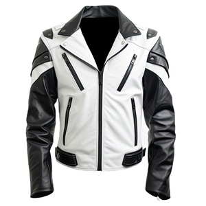 Hombres Blanco Negro Piel de oveja genuina Biker Solapa Cuello Cinturón Zip-Up Cómodo Invierno Casual Biker Racer Chaqueta de cuero Canleo - Product Image 1