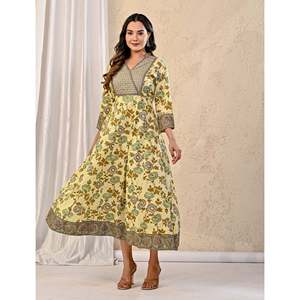 Vestido Largo de Algodón Gris Crema con Estampado Floral, Silueta Recta y Cintura Natural - Product Image 5