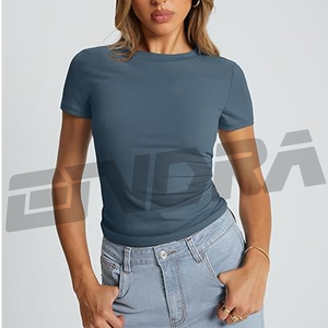 เสื้อยืดสีฟ้าคอกลมแขนสั้นผ้าฝ้ายนุ่มทรงสลิมฟิตลำลองสำหรับผู้หญิงเสื้อผ้าแฟชั่นฤดูร้อน2025เทรนด์ใหม่ - Product Image 1