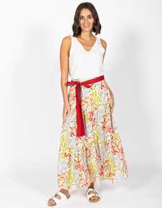 กระโปรงยาวสำหรับผู้หญิง พิมพ์ลายดอกไม้ เอวยางยืด ดีไซน์เป็นชั้นๆ ผูกเอวด้วยริบบิ้นโกรเกรน ความยาวระดับกลาง - Product Image 3