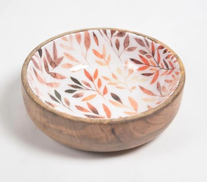 Bol en bois imprimé en bois de manguier avec cuillères à salade de taille moyenne en finition émaillée Fabrication sur mesure Service de salade de fruits ronde - Product Image 5