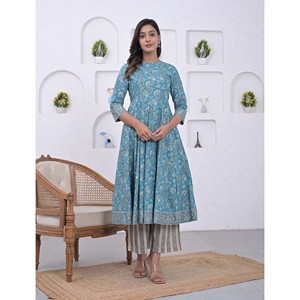 Blue Cotton Anarkali <b>Kurta</b> Pant Set Printed Pakistani Style Indian Ethnic Wear for <b>Women</b> for Party Wear - Product Image 1