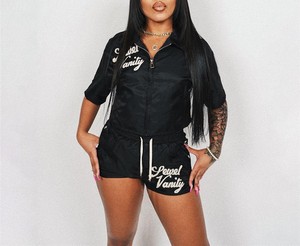 2024 Oem Custom Embroidery Turn-<b>down</b> Collar Short Sleeve Top and Short <b>Pant</b> 2 Piece Set Custom Loose Casual Zipper Women's Set - Product Image 6