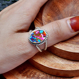 Natural Orange Dahlia Copper Oyster Bezel Setting Oval 925 Sterling Silver Trendy Bohemian Wedding Anniversary Gift <b>Ring</b> for - Product Image 1