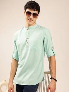 <b>men</b> striped woven design zari pathani coloured solid mandarin collar short <b>kurta</b> polyester viscose long sleeves for <b>mens</b> - Product Image 3