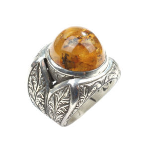 925 Sterling Silver Men's <b>Ring</b> with Round <b>Turquoise</b> Amber Stone Bezel Setting Rhodium Plating Fine Jewelry for Everyday Wear - Product Image 2