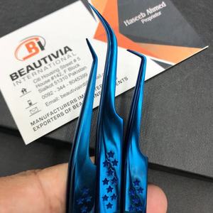 แหนบต่อขนตาพลาสม่าสีฟ้าพิมพ์ลายดาวปรับแต่งได้อุปกรณ์แต่งขนตาแบบมืออาชีพทำจากสเตนเลสอย่างยั่งยืน - Product Image 6