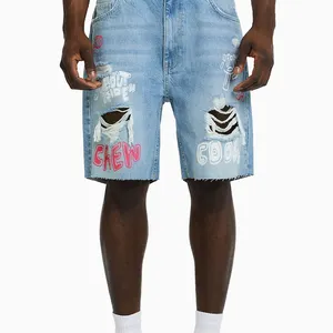 Heat seal printing breathable ripped denim men's slim fit shorts jeans stretch fabric pockets stylish cotton short jean