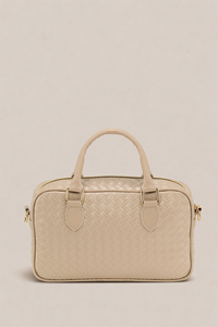Sac Boston en cuir PU beige à motif tissé pour femme avec logo personnalisé, poignée supérieure, sac à bandoulière, fabricant OEM ODM sous marque privée - Product Image 4