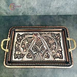 Bandeja de servicio de cobre pintada a mano con mango de latón, bandeja decorativa grande redonda para mesa de centro, comida decorativa chapada multiusos - Product Image 6