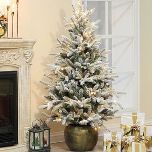 Sapin de Noël floqué pré-éclairé <span class=keywords><strong>en</strong></span> <span class=keywords><strong>pot</strong></span>, feuillage et pommes de pin enneigés, lumières LED chaudes, décoration d'hiver pour table et entrée - Product Image 6