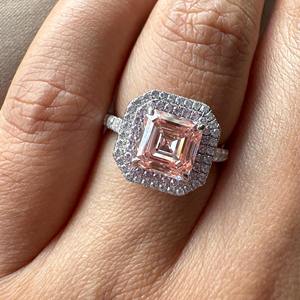 Bague de fiançailles en diamant de laboratoire de couleur rose taille Asscher avec double halo en or blanc 14 carats, bague de mariage en diamant rond à bas prix - Product Image 1