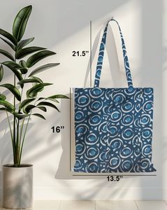 Sac fourre-tout en coton imprimé avec motif ethnique circulaire indigo, tissage à la main, coton écologique, réutilisable, sac de transport quotidien - Product Image 2