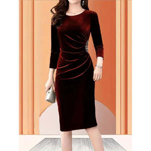 Women's Long Sleeve Boat Neck Midi <b>Velvet</b> <b>Dress</b> with Side Stone Detail, 37548 - <b>Burgundy</b> - Product Image 2