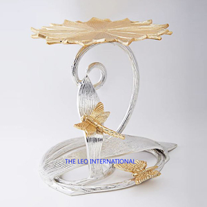 Support à gâteau en forme de feuille et de fleur de lotus plaqué or, style excellent, décoration de fête de mariage, accent de décoration intérieure, support à gâteau - Product Image 4