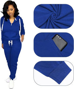 Survêtements pour femmes deux pièces tenues femmes décontracté bleu couleur survêtements femmes ensemble fermeture éclair sweat à capuche sweat avec poches - Product Image 2