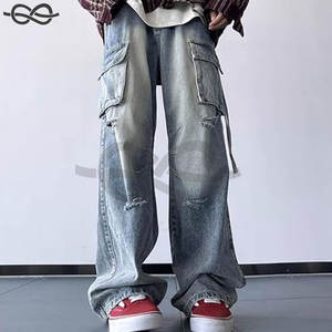 Pantalones vaqueros holgados Cargo para hombre, pantalones vaqueros rasgados de pierna recta, moda Hip Hop, estilo Grunge, ropa informal azul - Product Image 2