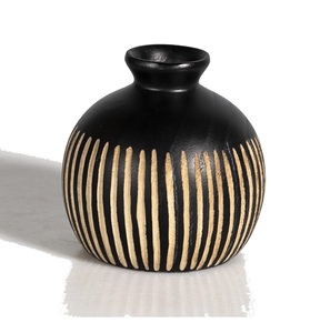 1pc Petit Vase en Bois Naturel Sculpté à la Main à Rayures Vases en Bois Décoration de Table pour Bureau Maison Salon 3.9X3.9 inch - Product Image 6