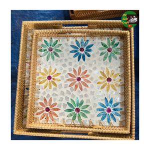 Eco Friendly Handwoven Rattan Mosaic <b>Tray</b> Mixed Mother of Pearl <b>Serving</b> <b>Tray</b> for Home Decor Decorative Rattan <b>Serving</b> <b>Tray</b> <b>Round</b> - Product Image 3