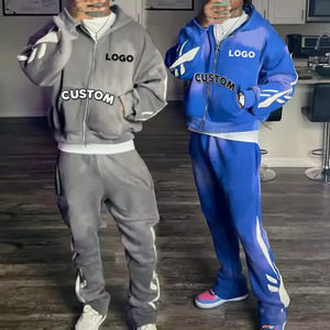 Sudaderas con capucha desgastadas y cremallera completa, pantalones de chándal apilados acampanados, conjunto de chándal de dos piezas, chándal Unisex de algodón lavado ácido personalizado para hombres - Product Image 4