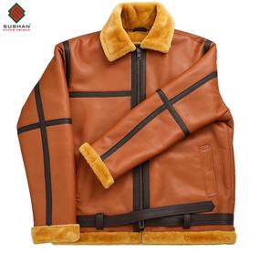 Veste aviateur en cuir moutonnée décontractée pour homme, couleur marron unie, col mandarin, fermeture éclair, manteau d'hiver, service OEM - Product Image 3