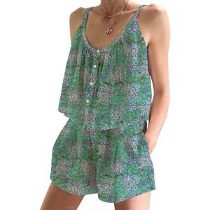 Conjunto de Pijama Corto de Algodón con Estampado Floral Hecho a Mano para Mujer, Primavera/Verano, Conjunto de Pijama Ajustado sin Mangas con Tirantes - Product Image 1