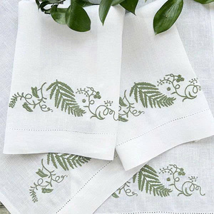 Wholesale White <b>Linen</b> Guest <b>Towel</b> Custom Embroidered Fern Leaves Cloth Napkin Hemstitch <b>Tea</b> Napkin Home Hotel Weddings Events - Product Image 1