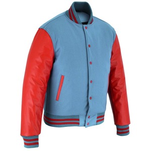 Veste universitaire Letterman sur mesure en molleton bleu ciel avec manches en cuir rouge pour hommes, vente en gros de vestes universitaires chauffantes d'hiver, OEM - Product Image 5
