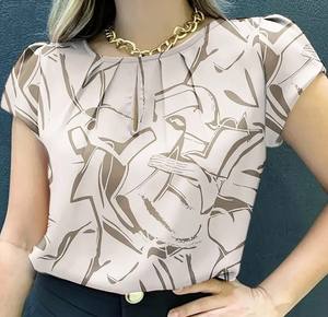 Blusa con cuello redondo y estampado abstracto de alta calidad, Blusa plisada de manga corta Vintage para primavera y verano, ropa de mujer - Product Image 1