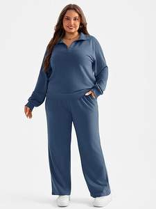 <b>Women's</b> Plus Size 2-Piece Winter 100% Cotton Anti-Pilling Streetwear Lapel <b>Half</b> <b>Zip</b> <b>Sweatshirts</b> Wide Leg Pants Tracksuits - Product Image 4