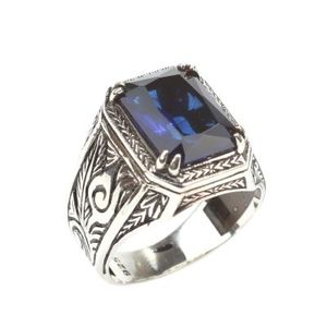 925 Sterling <b>Silver</b> Rectangular Sapphire Stone Men's Statement <b>Ring</b> <b>Emerald</b> Cut Bezel Setting Everyday Wear Princess Cut Diamond - Product Image 1