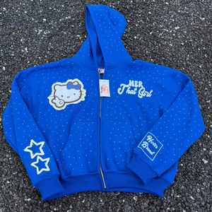 300 GSM Acid Wash Men's Streetwear Heavyweight 100% Cotton Graphic Hoodie DTG Printed Heat-Applied Rhinestones Street-Style Set - Product Image 1