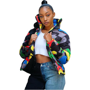 <b>Puffer</b> Bubble <b>Crop</b> Bomber <b>Jacket</b> with Printed Design Nylon Lining Thick Winter Casual Coat - Product Image 4