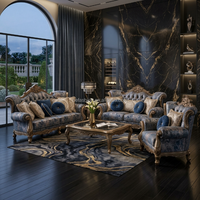 Ensemble de canapés classiques européens sur mesure, structure en bois sculpté, revêtement bleu à motifs, pour villa de luxe, hôtel, salon