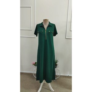 Women's Short-Sleeved Collared Zippered Long <b>Viscose</b> Two-Thread <b>Dress</b>, 34660 - Green - Product Image 4