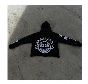 Logo personnalisé délavage à l'acide fermeture éclair Boxy sweat à capuche court pour hommes soleil délavé strass en détresse brodé sweat à capuche - Product Image 1