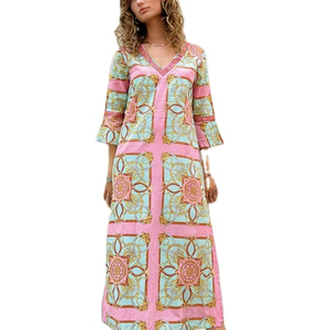 ชุดเดรสชายหาดคอวีลำลองสำหรับผู้หญิงชุดเดรสแขนสามส่วนพิมพ์ลายความยาวระดับข้อเท้าความยาวมิดิปรับแต่งได้ - Product Image 2